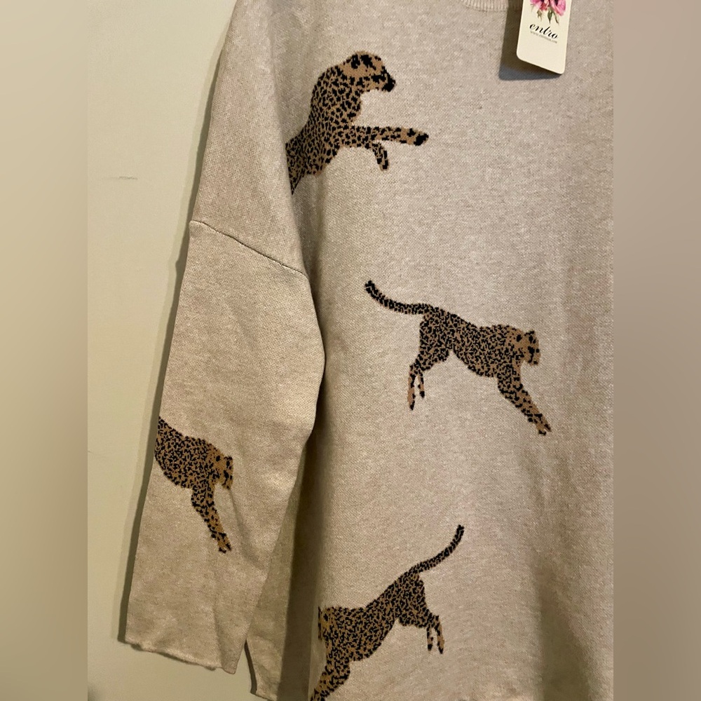 NEW ENTRO Large Leopard Tunic Sweater in Oatmeal - Picture 5 of 11